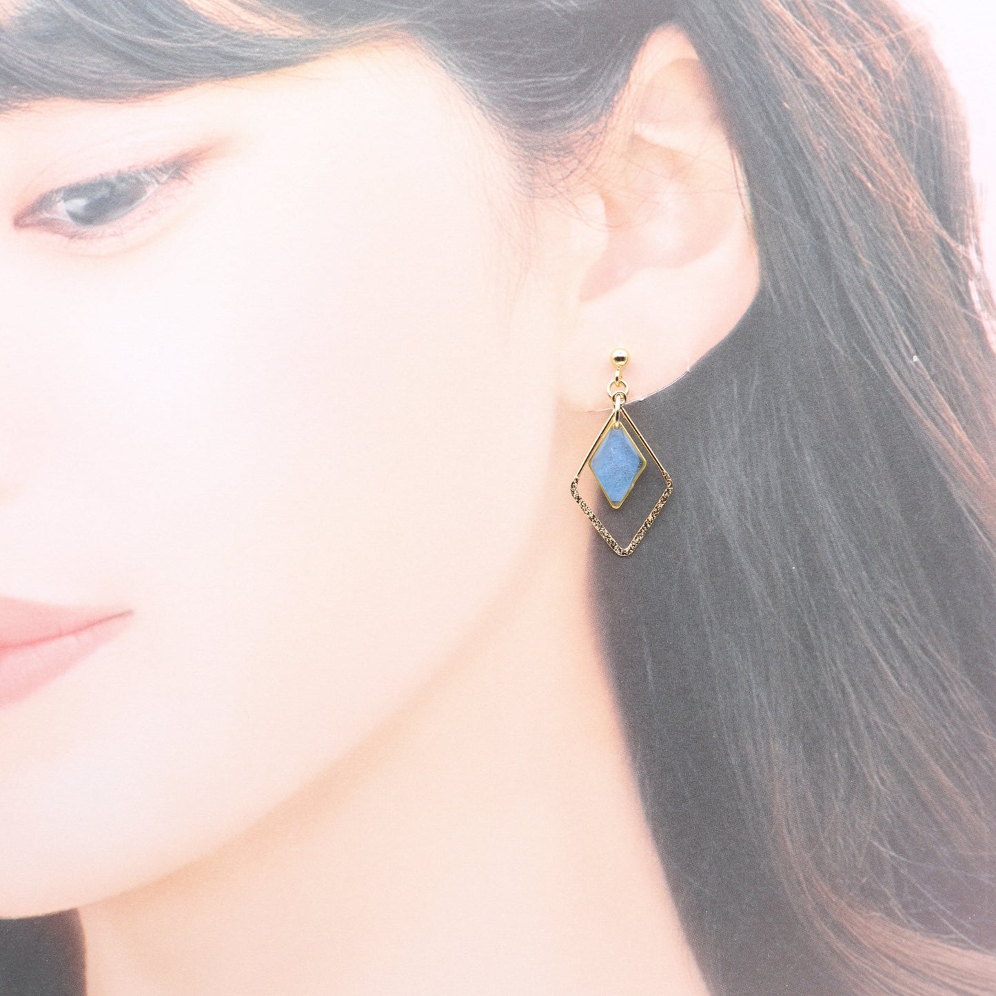 ひし形とフープ*美濃和紙のイヤリング / ピアス 水色
