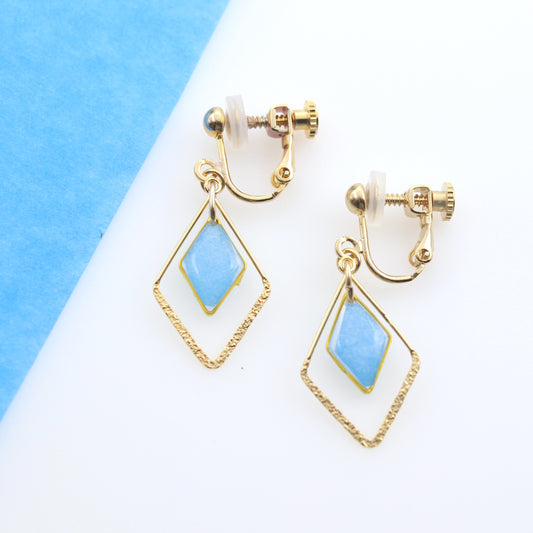 ひし形とフープ＊美濃和紙のイヤリング / ピアス　水色